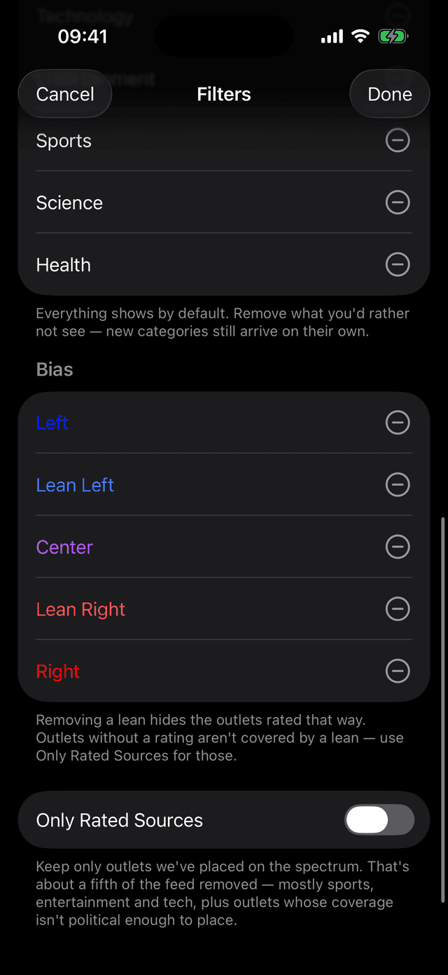 The Sources list — every outlet on by default, two hidden by choice