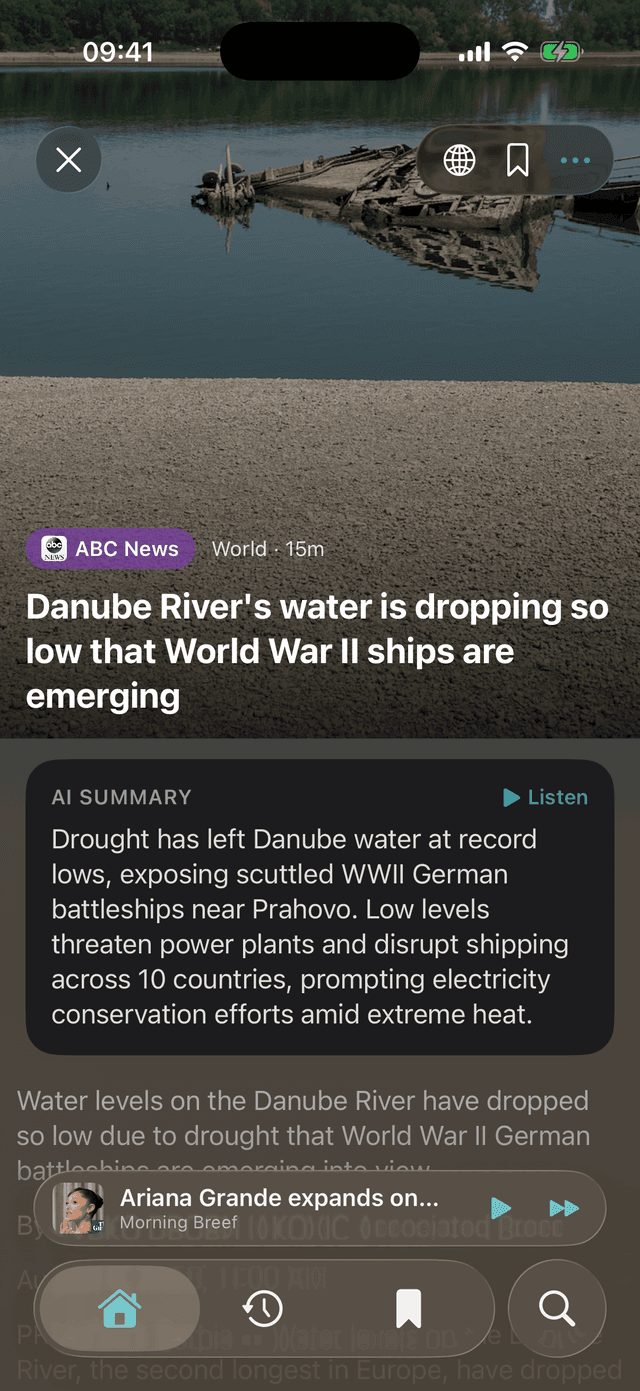 A story in the reader, its AI summary above the article